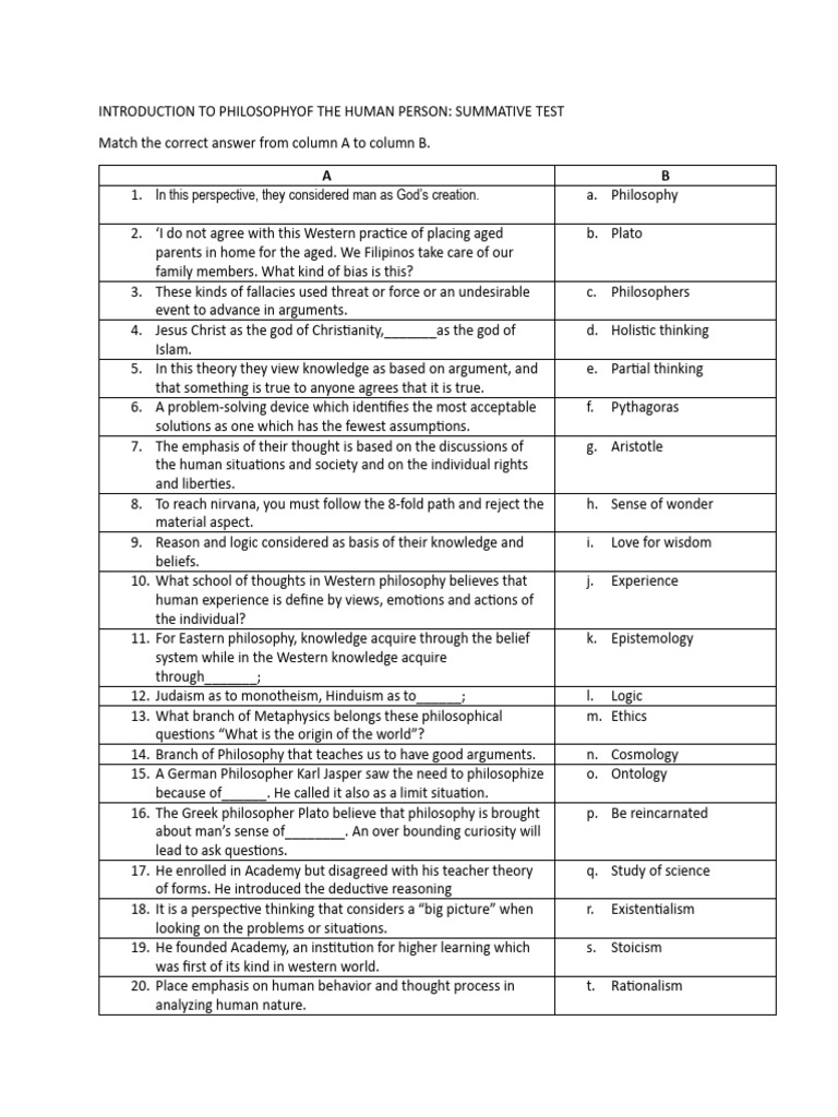 Philo Q3 Summative Test Pdf Reason Thought