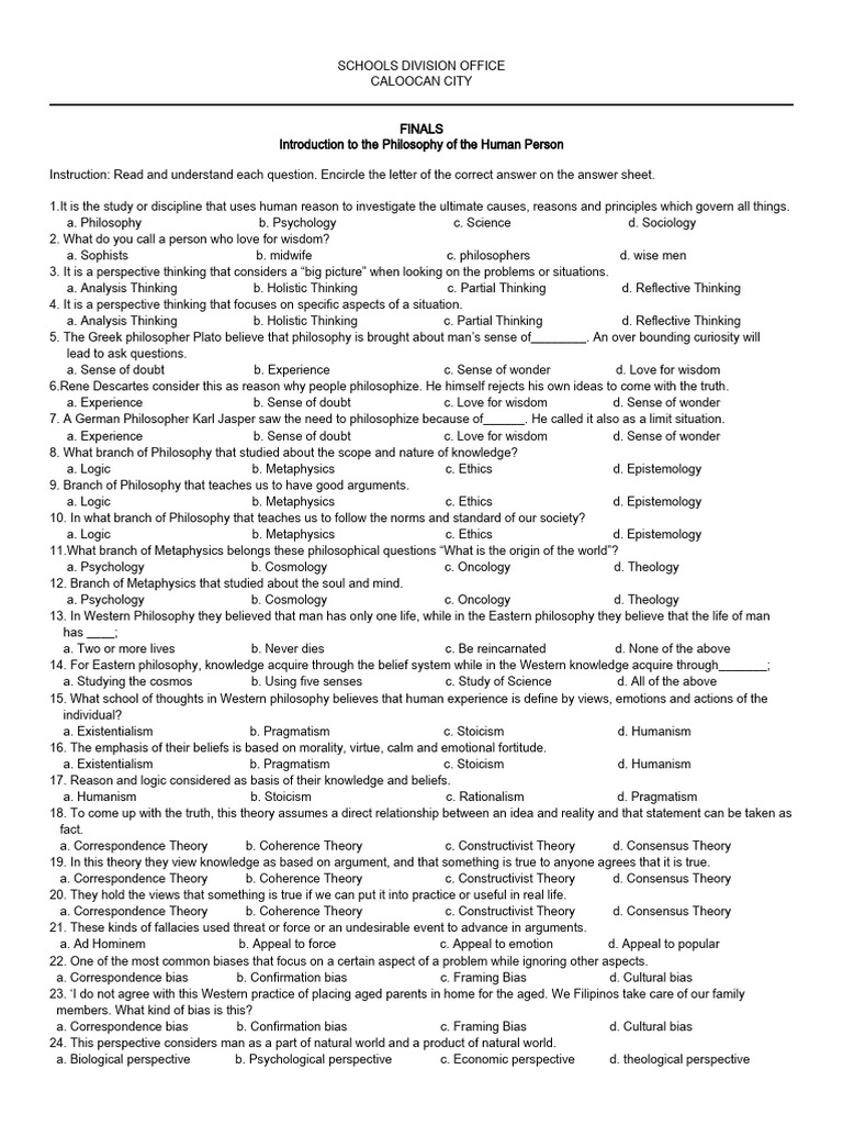Philosophy of the Human Person Quiz | PDF | Philosophy