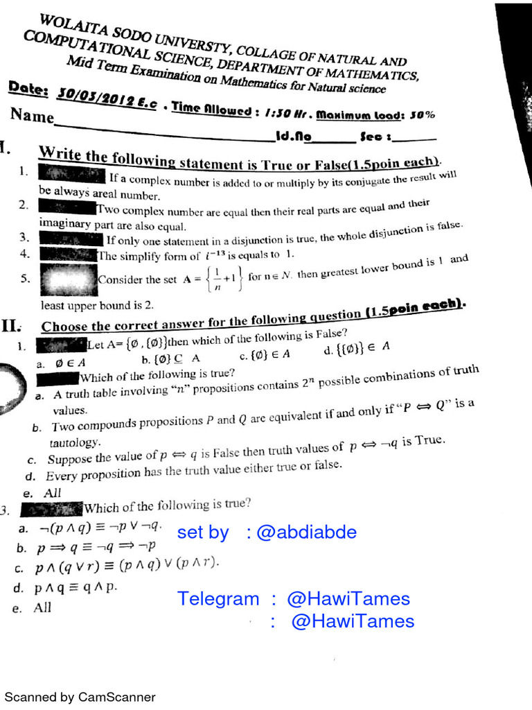 Math Mid Exam Different University Pdf