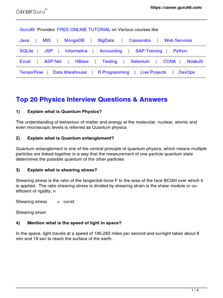 Top 20 Physics Interview Questions PDF