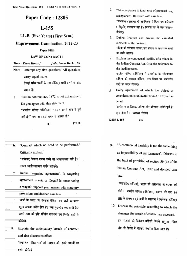 LLB 1 Sem Law of Contract 1 12805 2023 | PDF