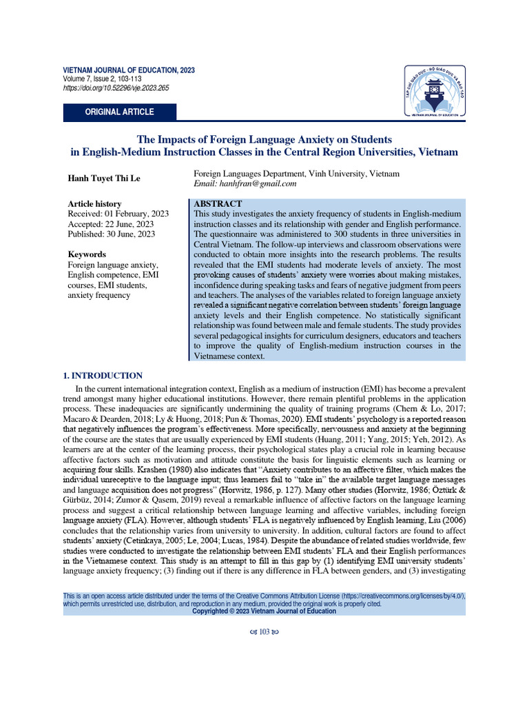 The Impacts of Foreign Language Anxiety On Student | PDF | Quantitative ...