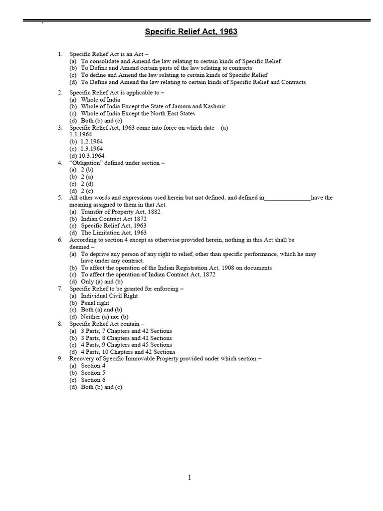 Overview of Specific Relief Act, 1963 | PDF | Legal Remedy | Specific ...