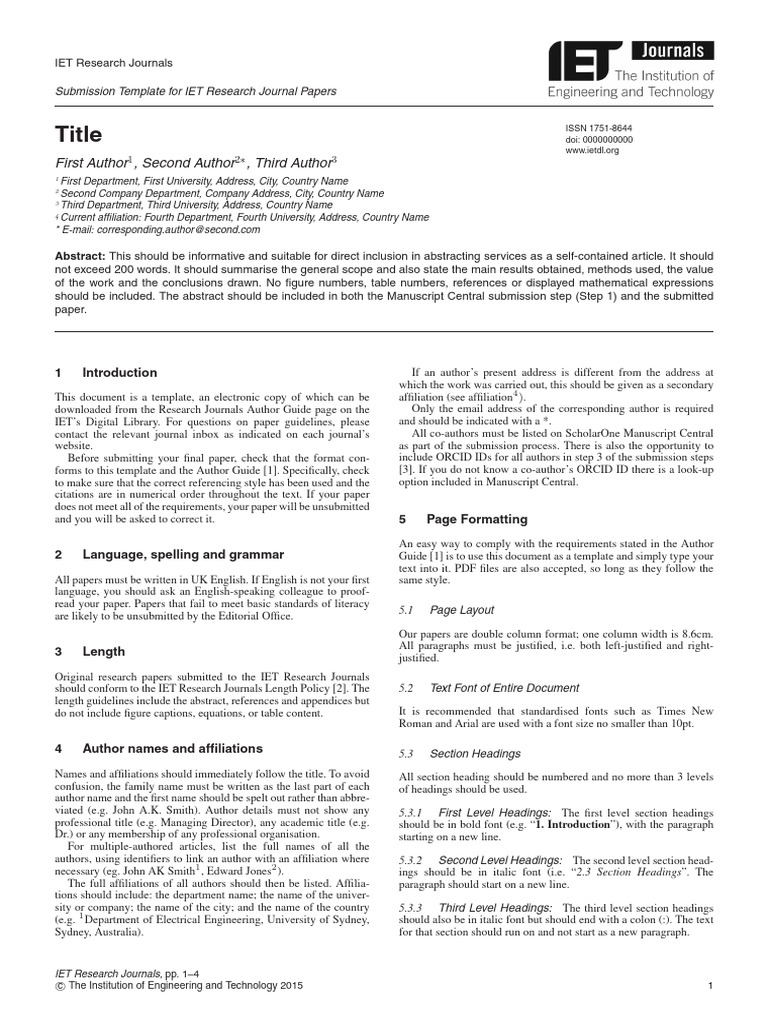 IET Research Journals Submission Template | PDF | Academic Journal | Text