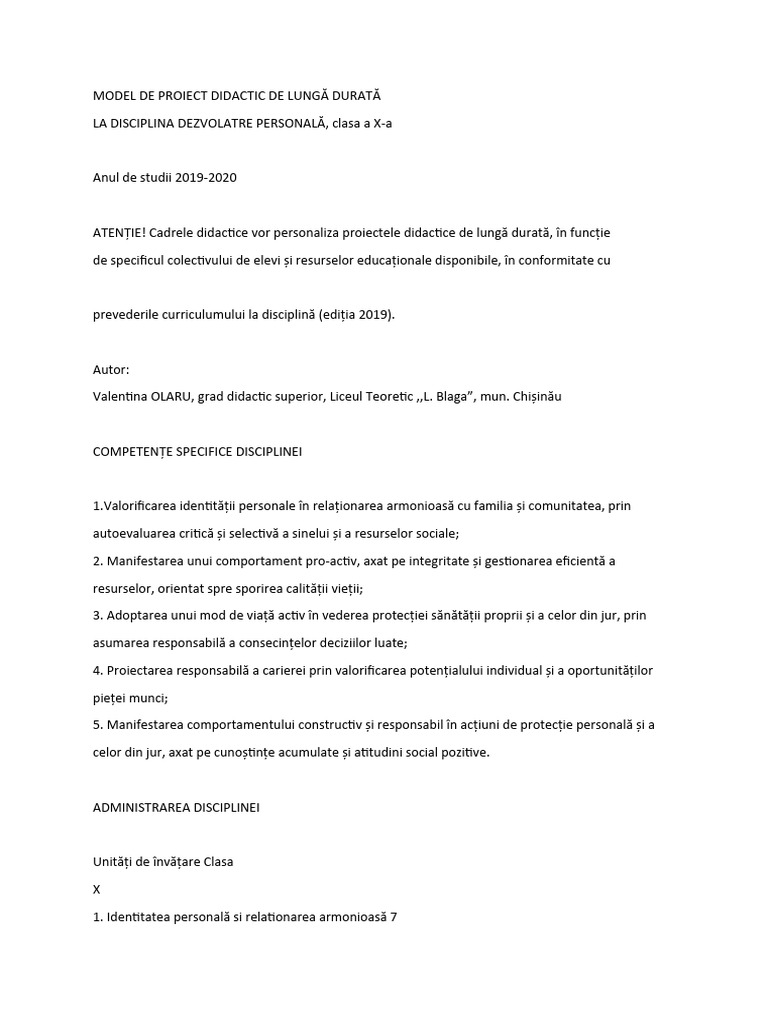 Model de Proiect Didactic de Lungă Durată | PDF