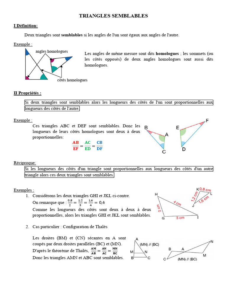 Triangles Semblables : Définition et Propriétés | PDF | Méthodes et ...
