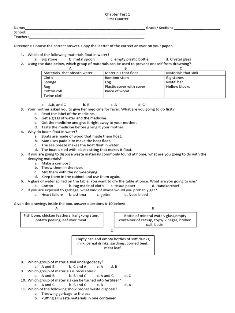 Chapter Test in Science (Ist Quarter) | PDF | Waste | Water