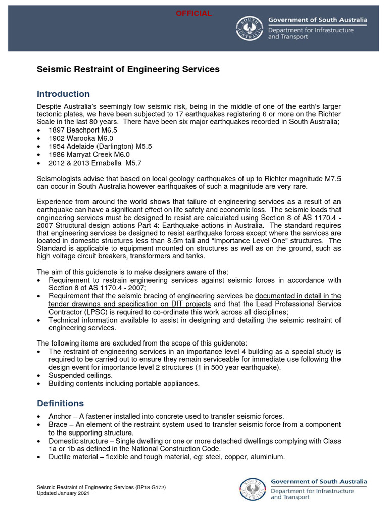 Seismic Restraint Of Engineering Services G172 Pdf Earthquakes