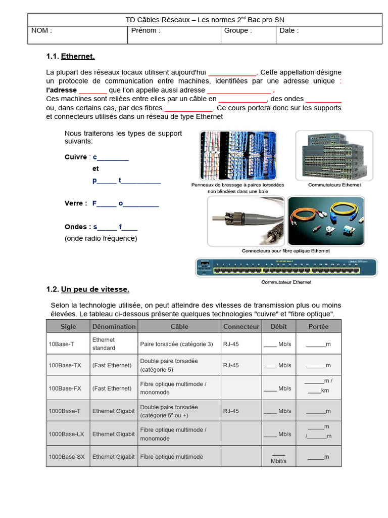 Normes des Câbles Réseaux Ethernet 2nd Bac Pro | PDF | Ethernet | Fibre ...