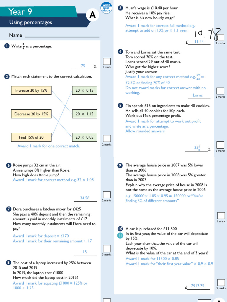 Year 9 Percentages Practice Questions | PDF