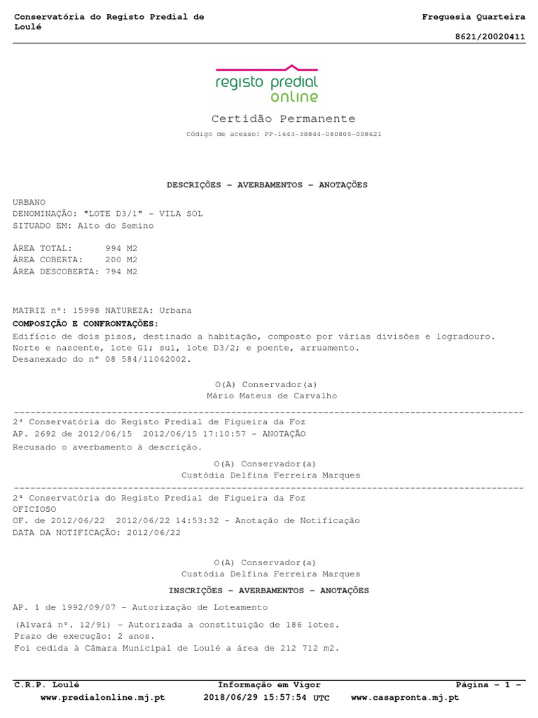 Certidão Permanente Predial Pdf
