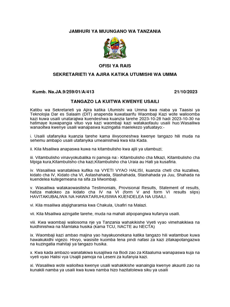 Kuitwa Kwenye Usaili Oct 22 Pdf