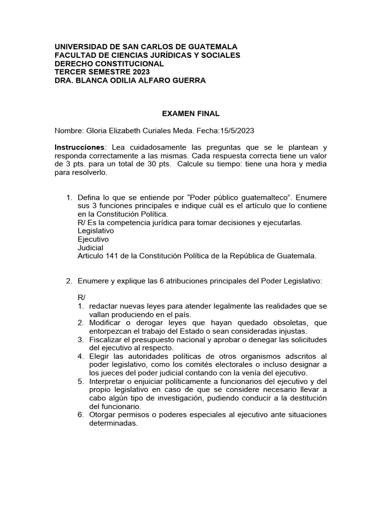 Examen Final de Derecho Constitucional 2023 | PDF | Jurisdicción ...