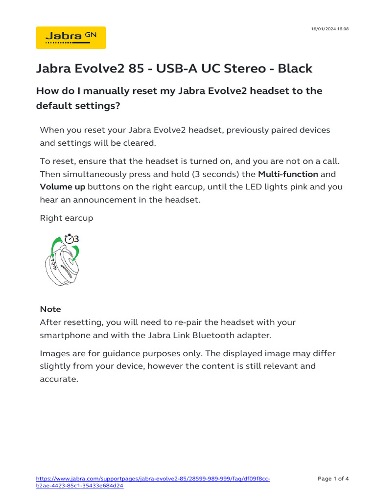 How do i manually reset my jabra evolve2 headset to the default