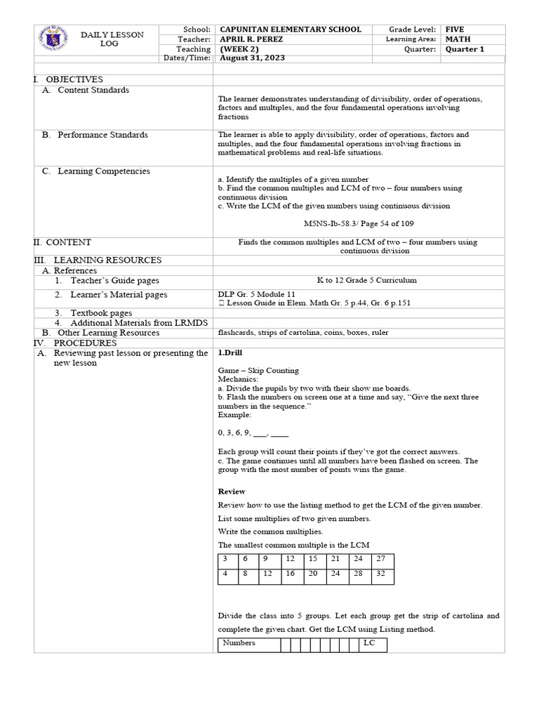 LCM Lesson Plan for Grade 5 Math | PDF | Factorization | Behavior ...