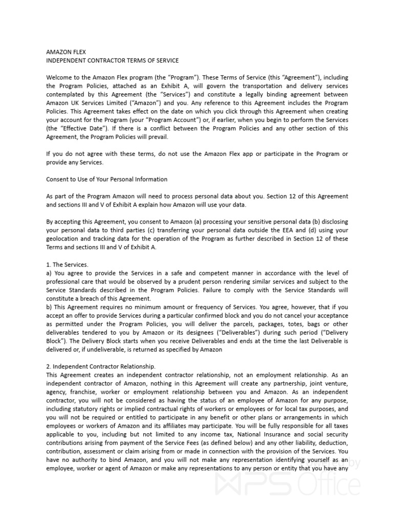 Amazon flex independent contractor terms of service download free pdf
