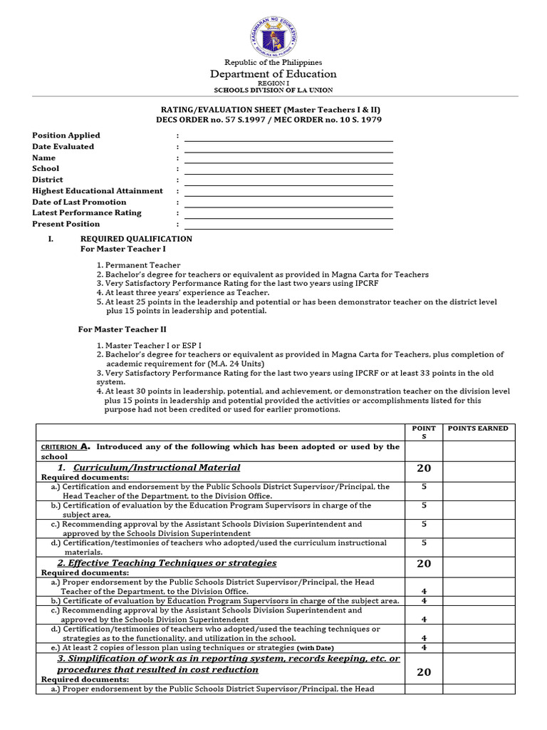 MT Rating Sheet New PDF Teachers Academic Degree