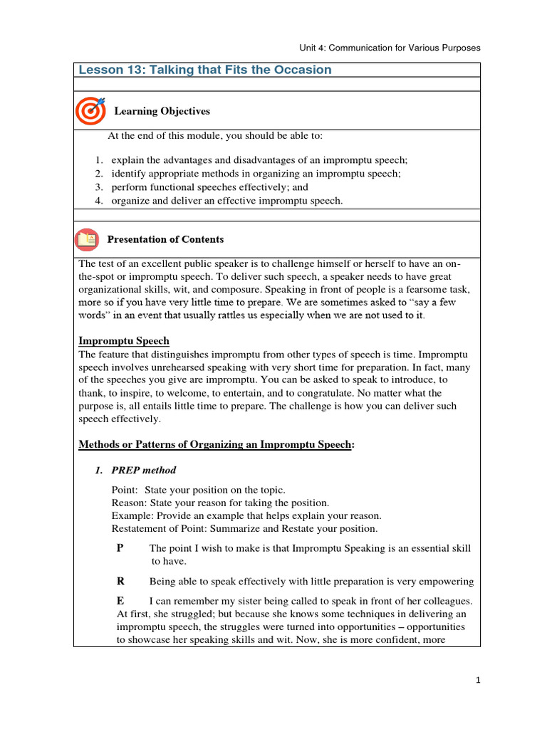 Effective Impromptu Speech Techniques | PDF | Public Speaking | Speech