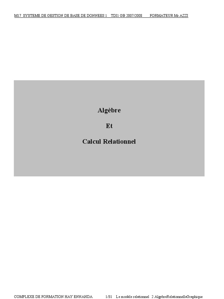 Algèbre et Calcul Relationnel | PDF | Base de données relationnelle ...