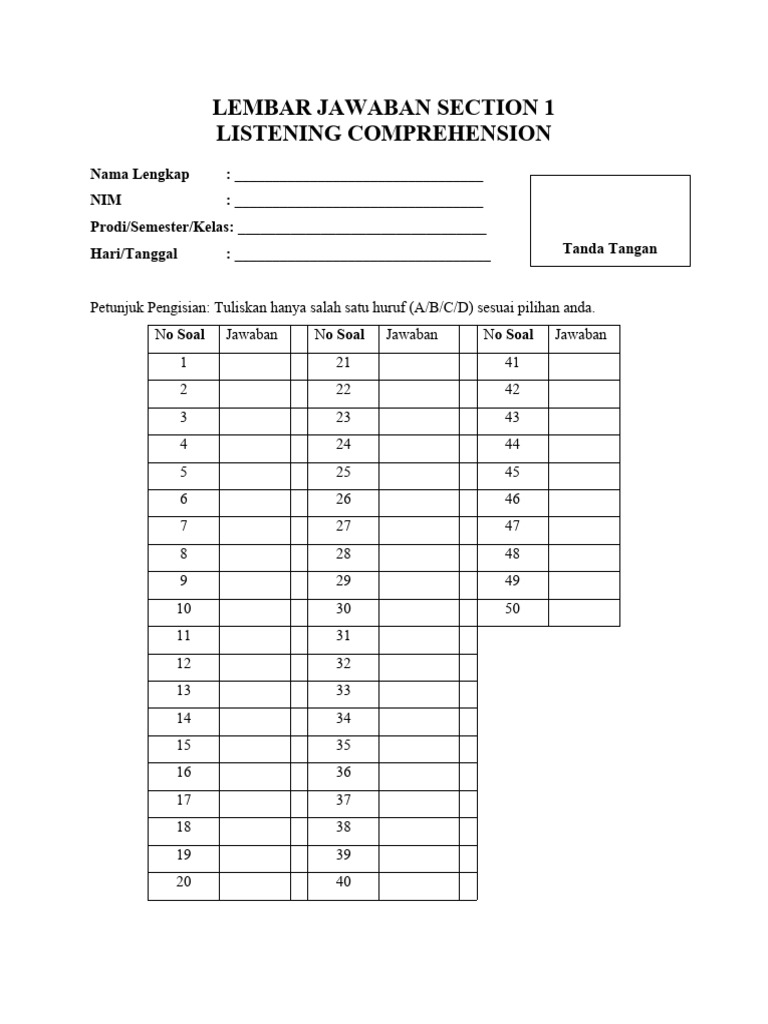 Listening Comprehension Answer Sheet | PDF