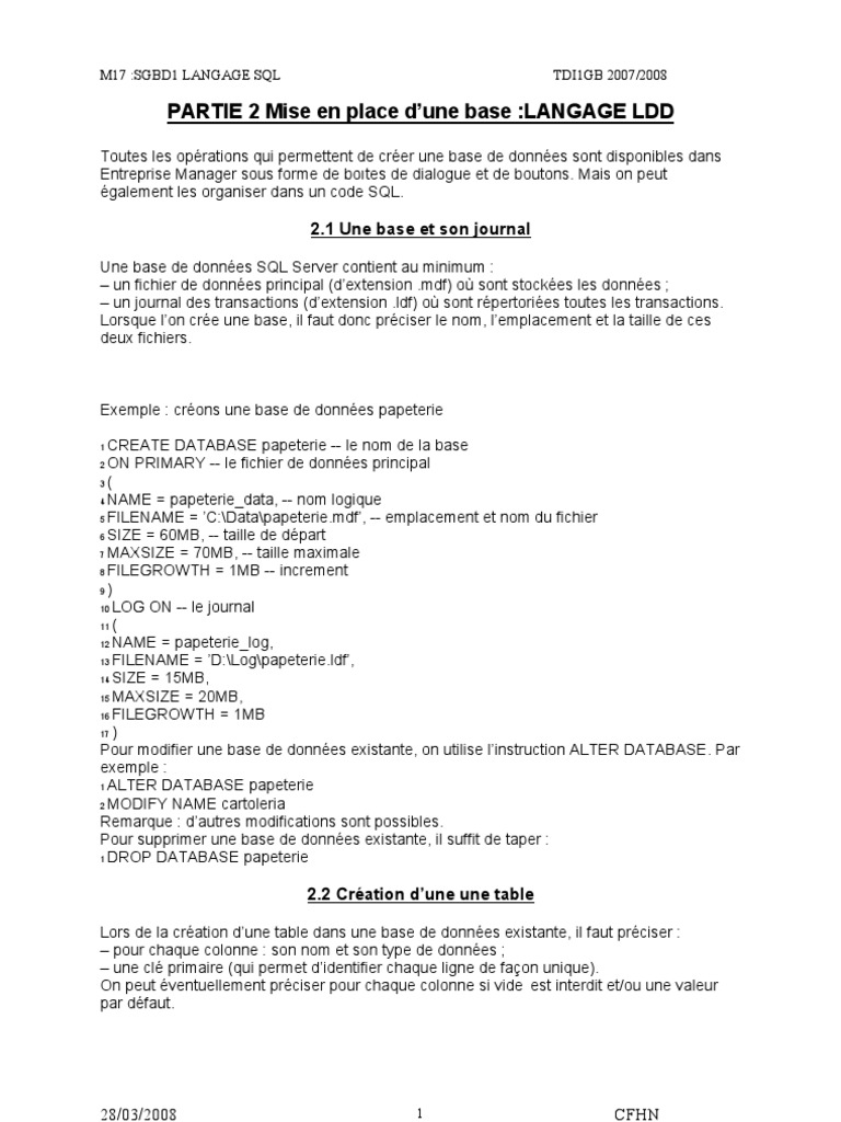 Création et gestion de bases SQL | PDF | SQL | Microsoft SQL Server