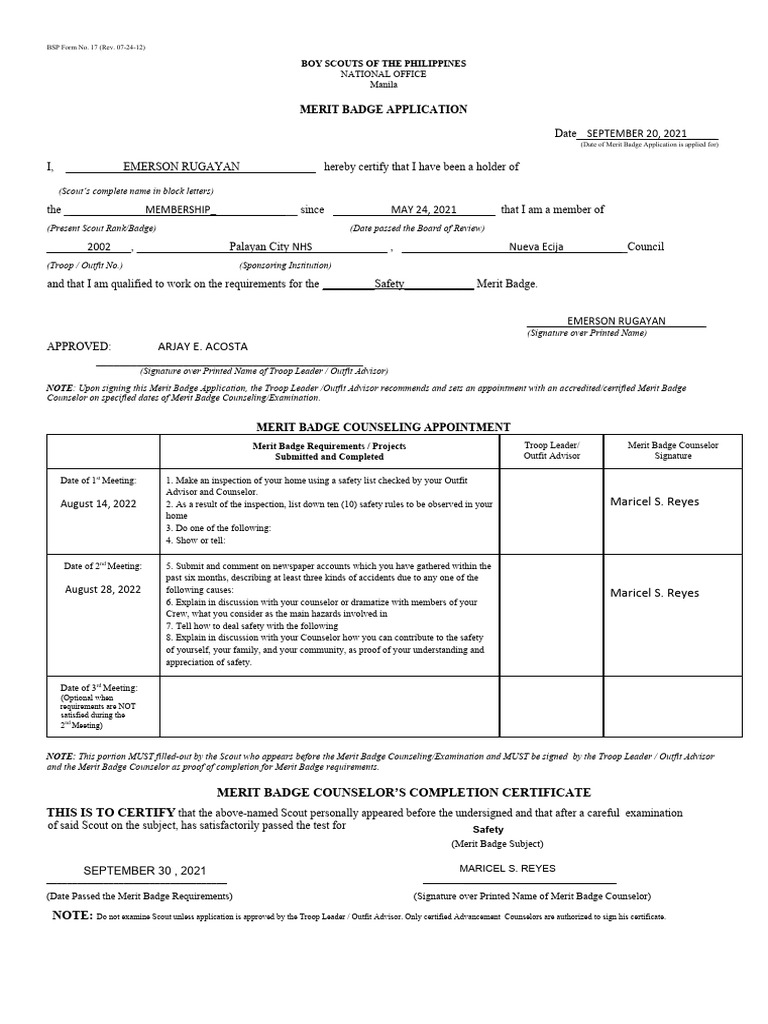 Boy Scouts Safety Merit Badge Application | PDF