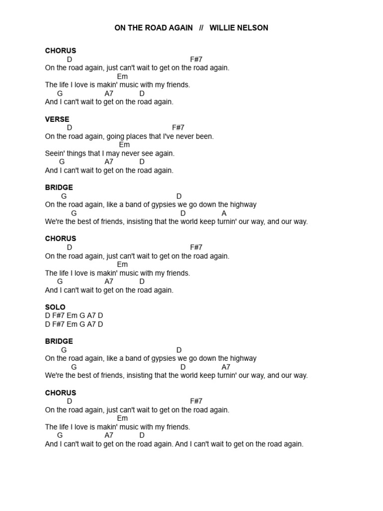On The Road Again Willie Nelson Lyrics