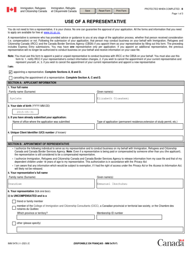 IMM 5476: Use of Representative Form | PDF | Government | Justice