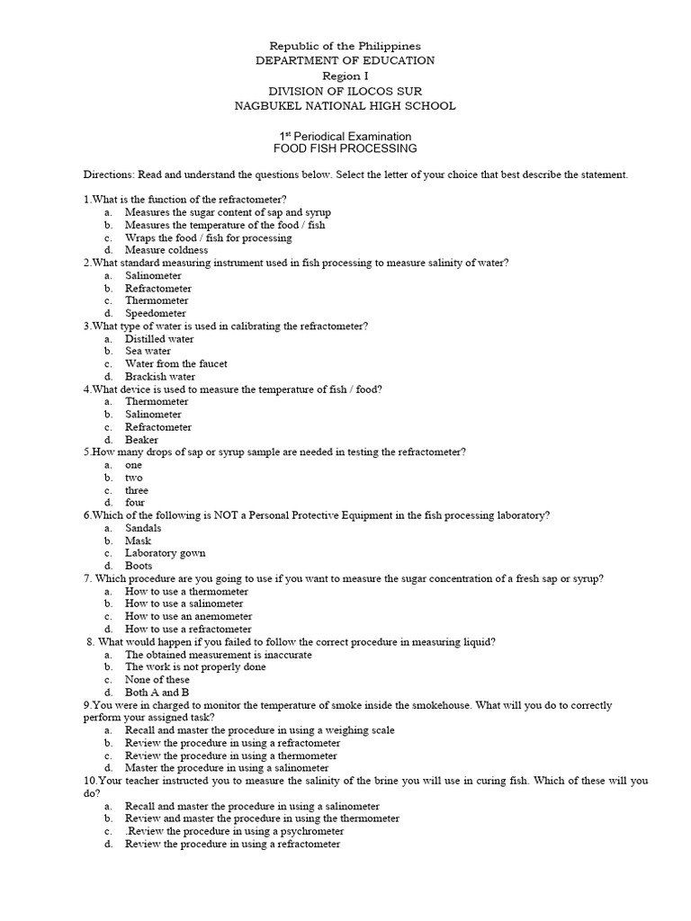 1st Periodical Examination Food Fish Processing PDF Hygiene Sanitation