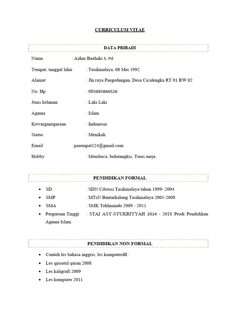 CV Azhar Baehaki: Pendidikan & Pengalaman | PDF