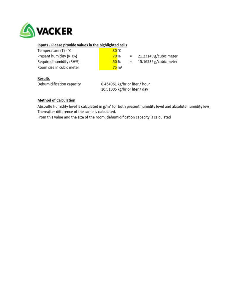 Excel sheet for dehumidifier calculation pdf