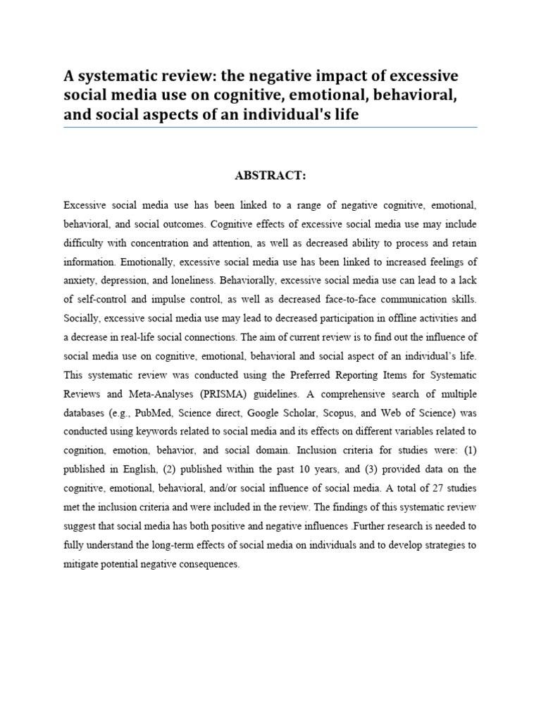 The Negative Impact of Excessive Social Media Use On Cognitive | PDF ...