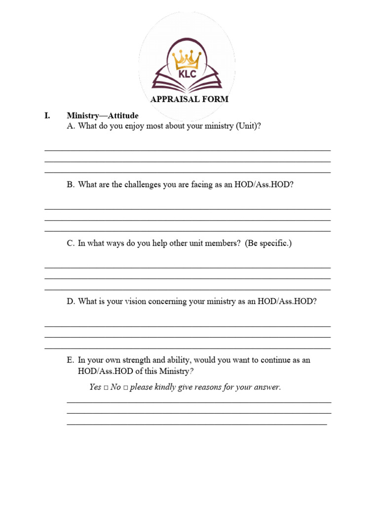 KLC Ministry Appraisal Form | PDF | Career & Growth
