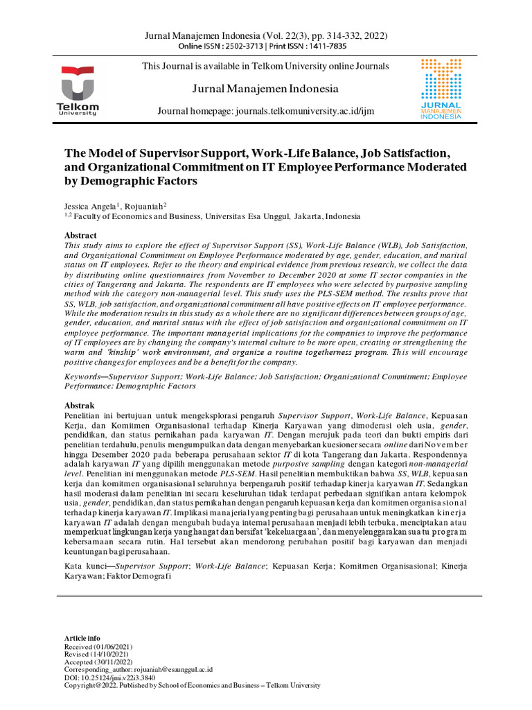 The Model of Supervisor Support, Work-Life Balance, Job Satisfaction ...