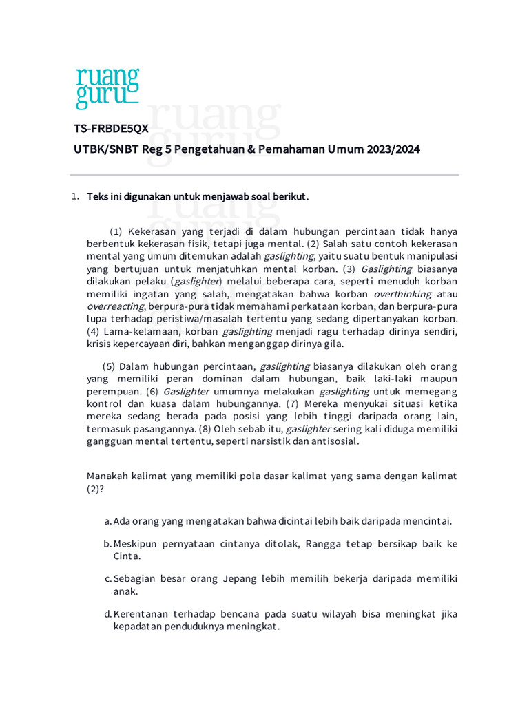 UTBK - SNBT Reg 5 Pengetahuan - Pemahaman Umum 2023 - 2024 | PDF