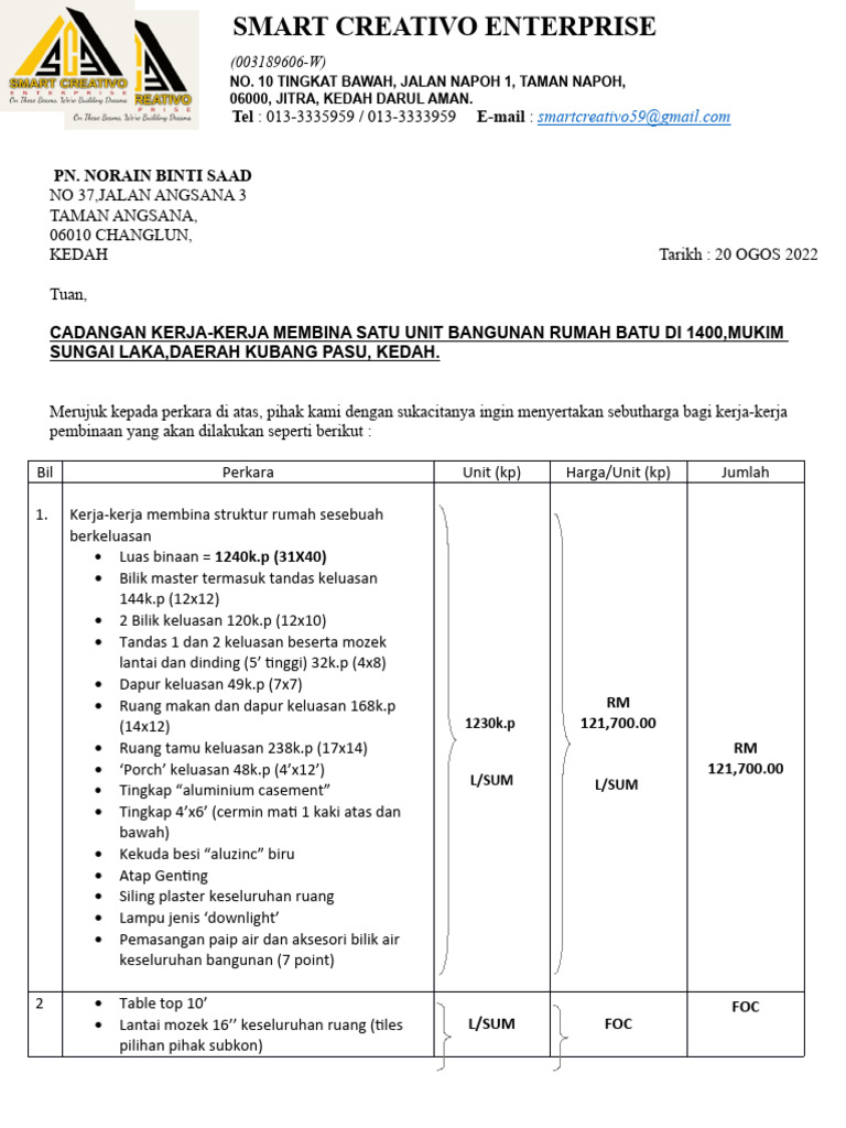 Sebutharga Pembinaan Rumah 2022 | PDF