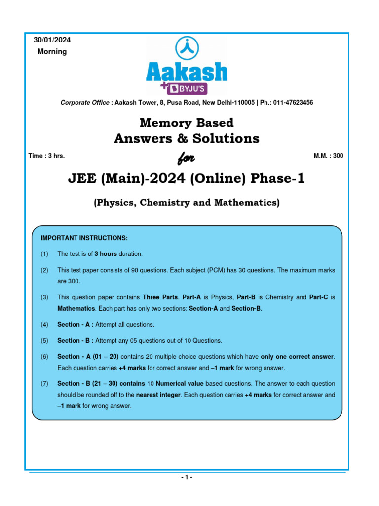 JEE Main 2024 Phase-1 Question Paper | PDF | Applied And ...