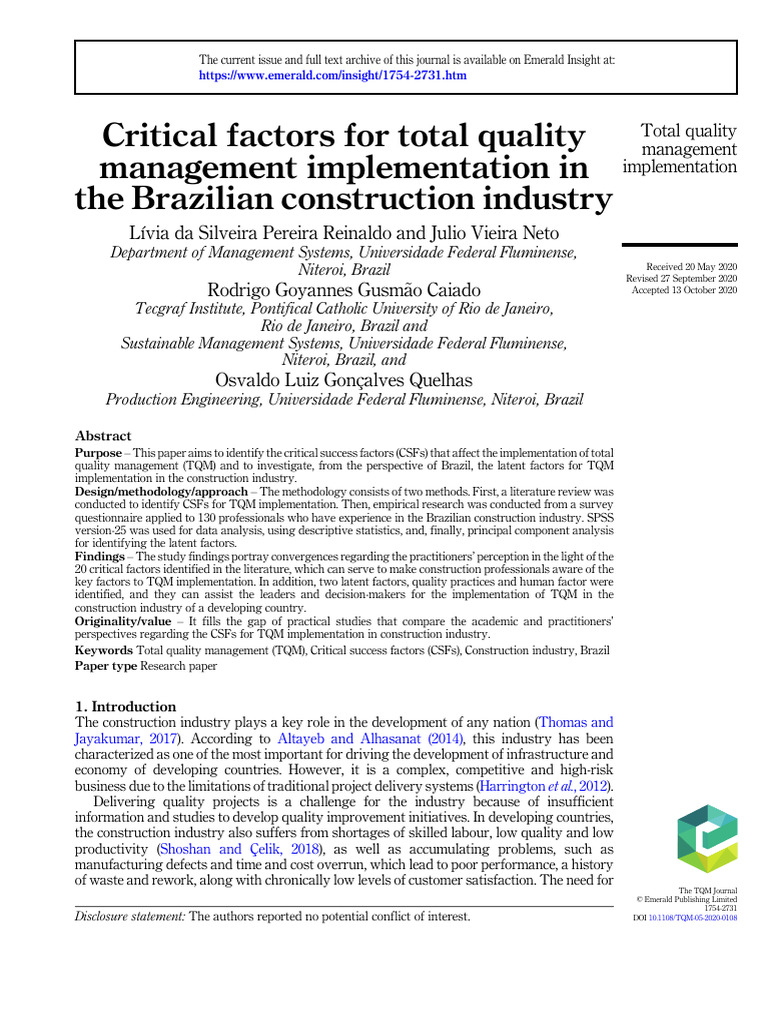 Critical Factors For Total Quality Management Implementation in The ...