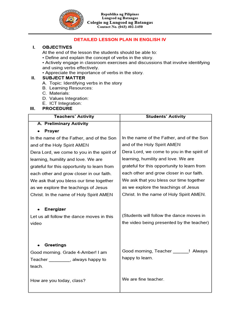 Grade 4 Verb Lesson Plan | PDF | Lesson Plan | Verb