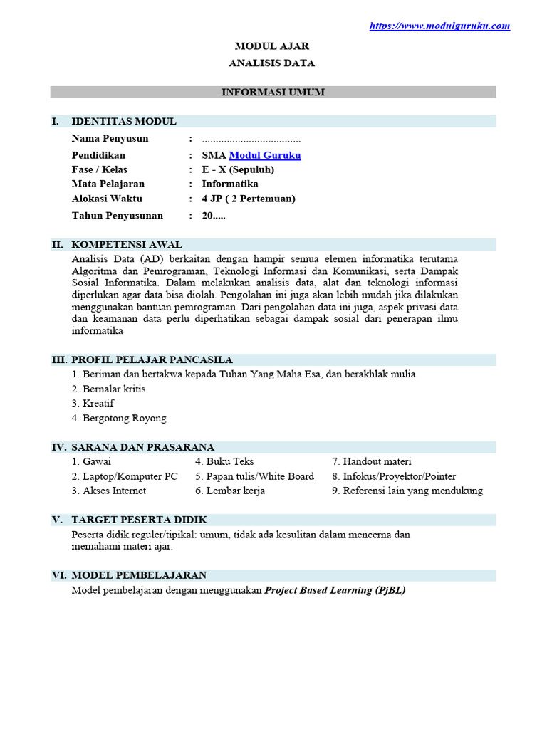 Modul Ajar Analisis Data Kelas X | PDF