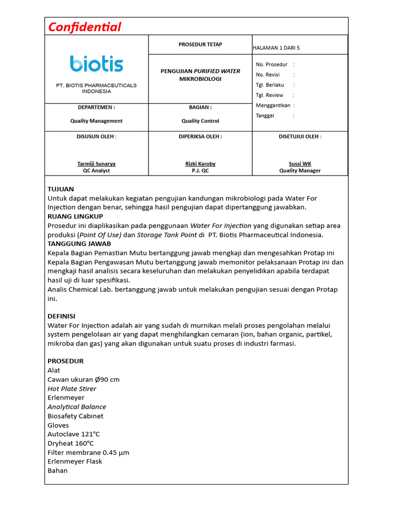 Sop Pengujian Mikrobiologi Water For Injection | PDF