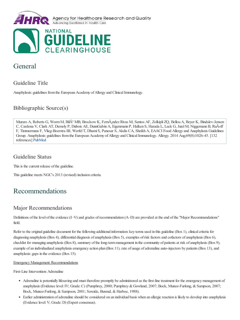 Anaphylaxis Guidelines From The European Academy of Allergy and