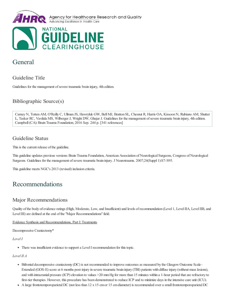 Guidelines for the management of severe traumatic brain injury, 4th