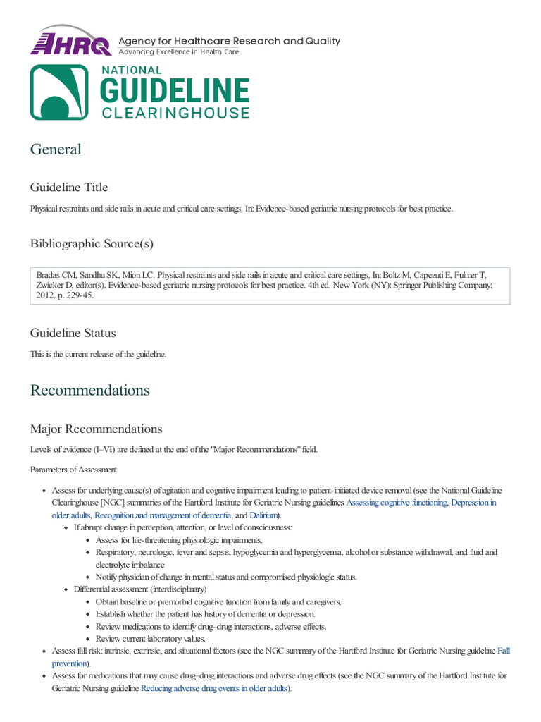 Side Rails and Restraint Guidelines | PDF | Systematic Review | Geriatrics