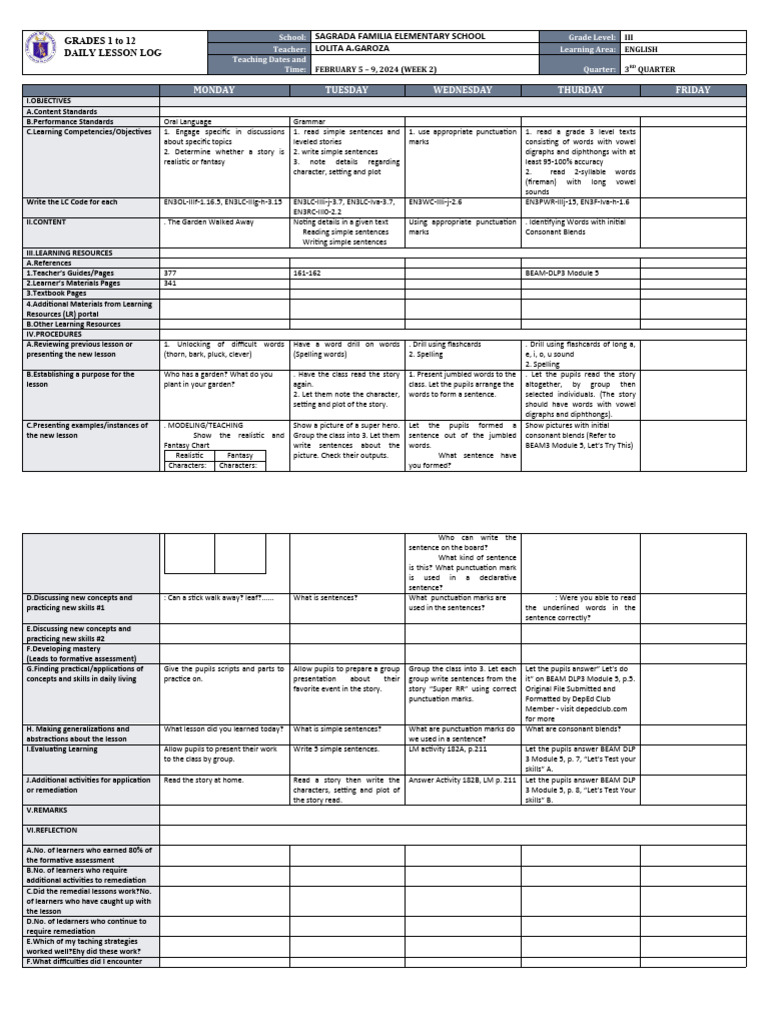 Grade 3 English Daily Lesson Plan | PDF | Language Arts & Discipline