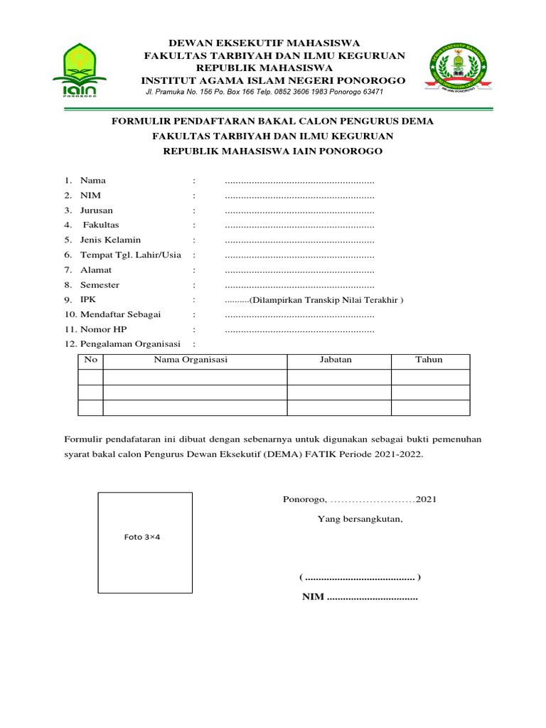 Formulir Pendaftaran DEMA FATIK IAIN | PDF | Bisnis | Seni