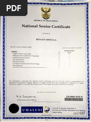 Riyaad's Matric Certificate