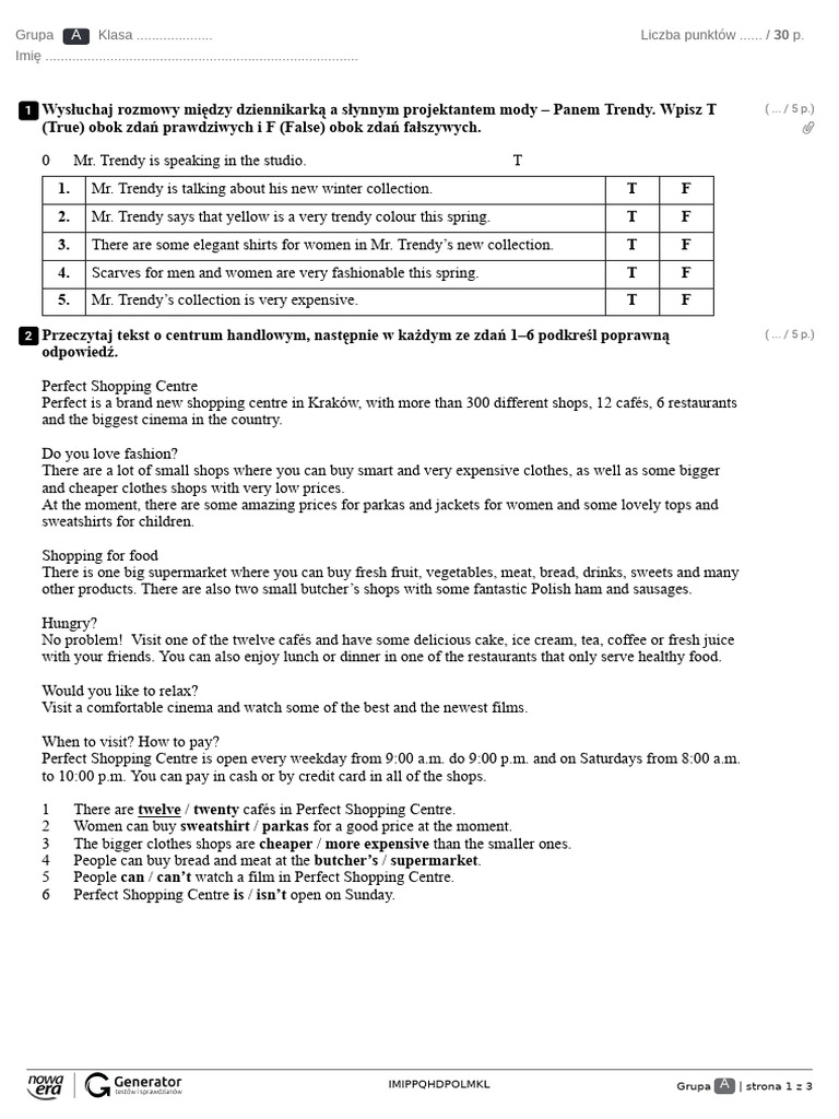 Unit 4 Test o Obniżonym Stopniu Trudności Test (Z Widoczną Punktacją) | PDF