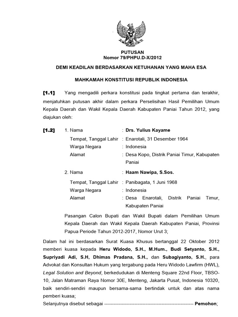 Putusan sidang Putusan Akhir 79 PHPU 2012 Paniai Telah Baca 28 Feb 