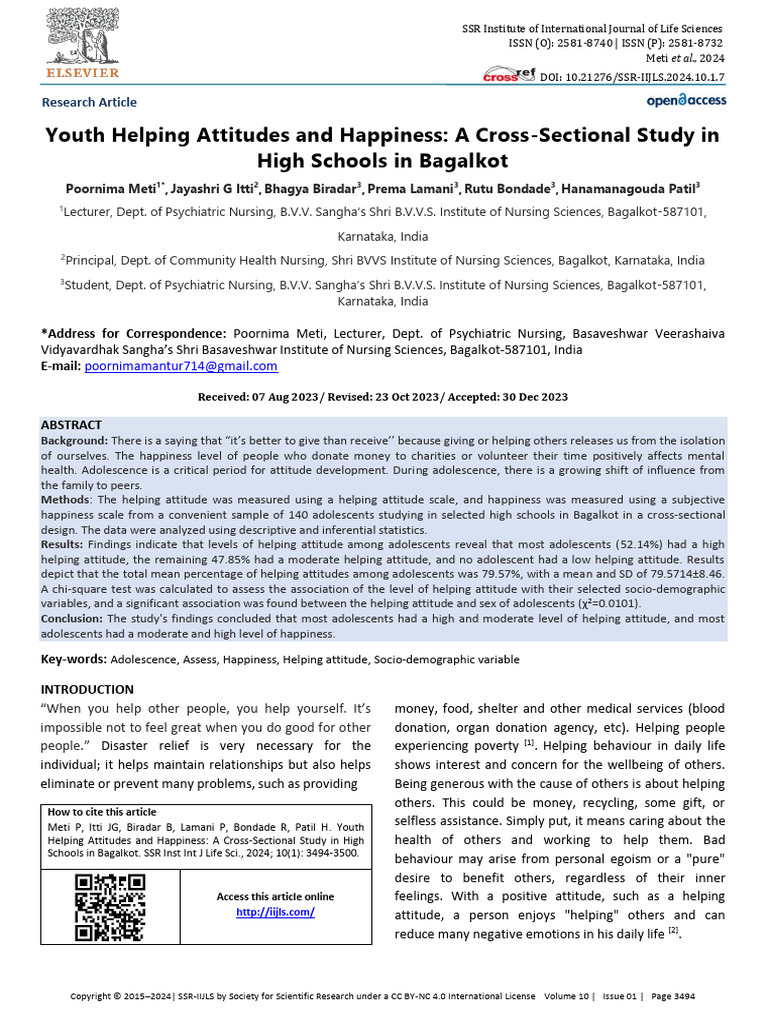 Youth Helping Attitudes Happiness Cross Sectional Study High Schools | PDF
